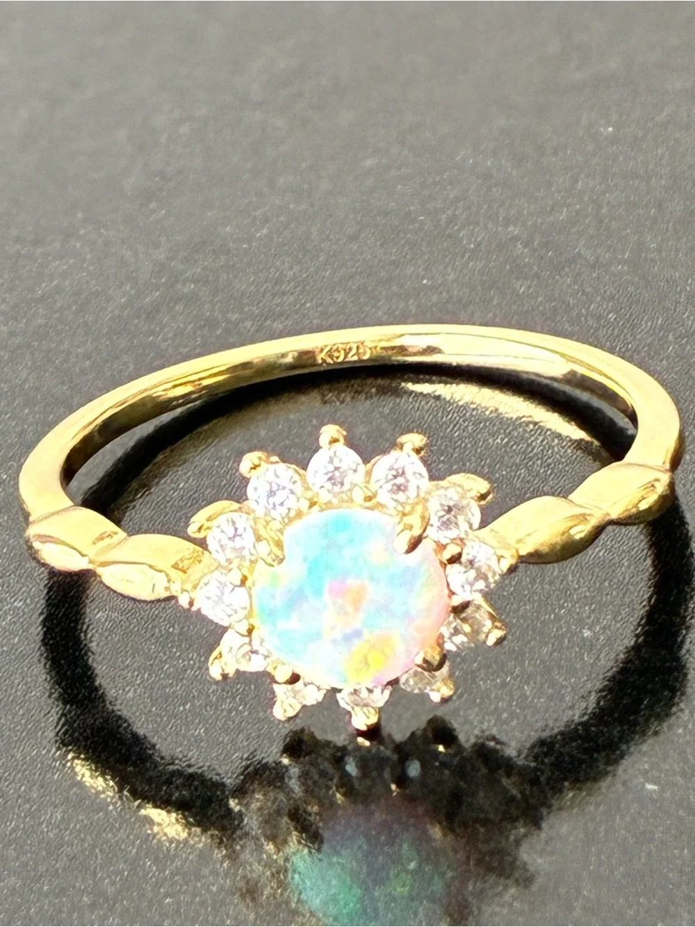 925 Sterling Silver Gold Tone  Opal Halo Ring Sz 9- White Opal